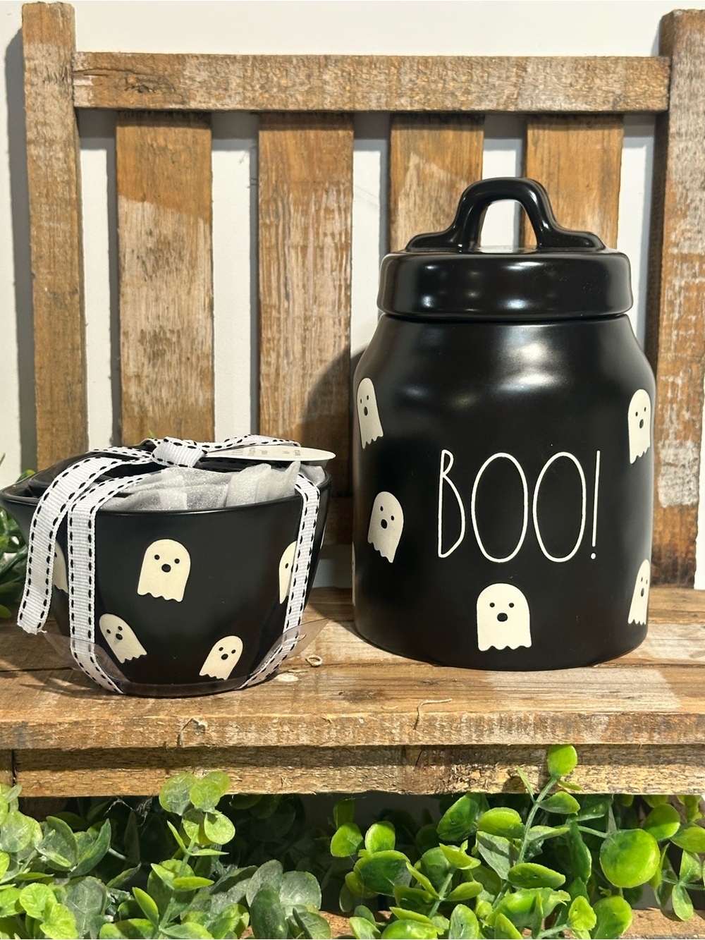 Rae Dunn Black Halloween Ghost Ceramic Canister Set - BOO!